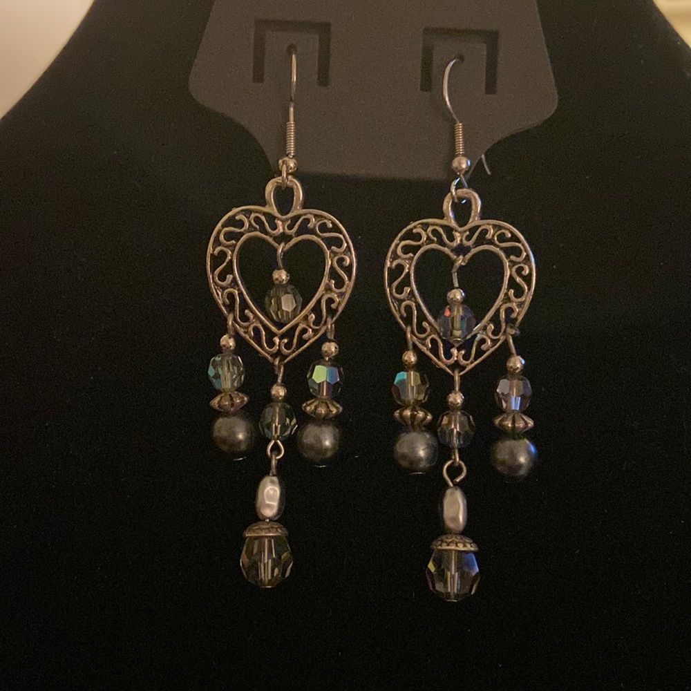 Vintage Heart Chandelier Earrings with Crystals